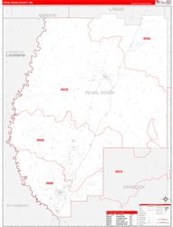 Pearl River County, MS Wall Map Zip Code Red Line Style 2023